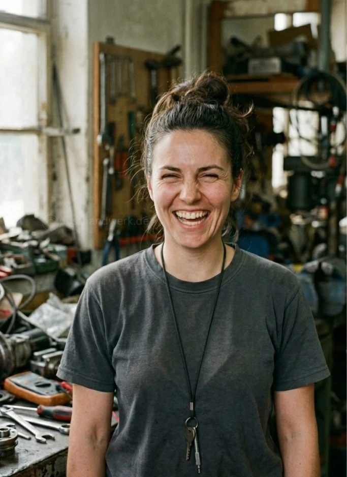 Lachende Handwerkerin mit Werkzeug:
Handwerkerin mit Werkzeug, professioneller Instagram-Auftritt für Handwerksbetriebe.