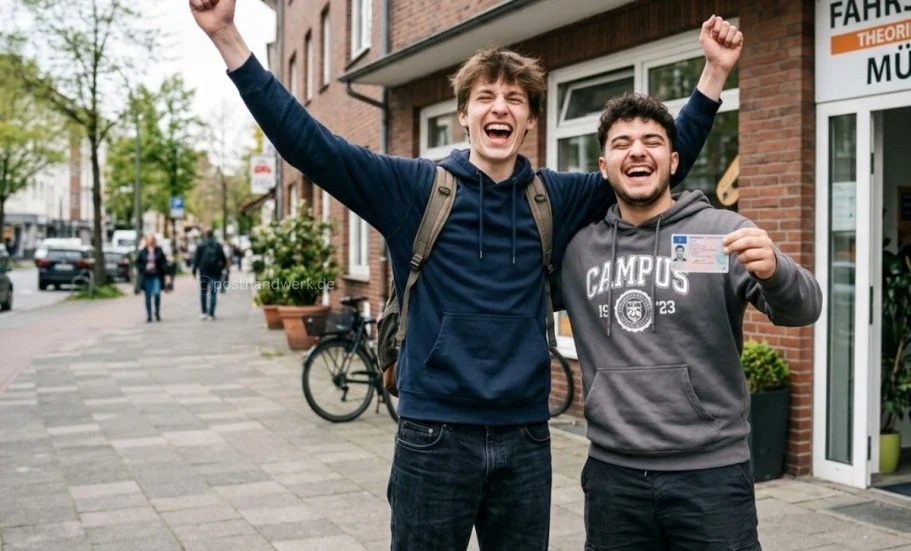 Zwei Jugendliche, Fahrschule, Führerschein:
Fahrschule, junge Kunden auf Social Media erreichen mit KI-generierten Posts.