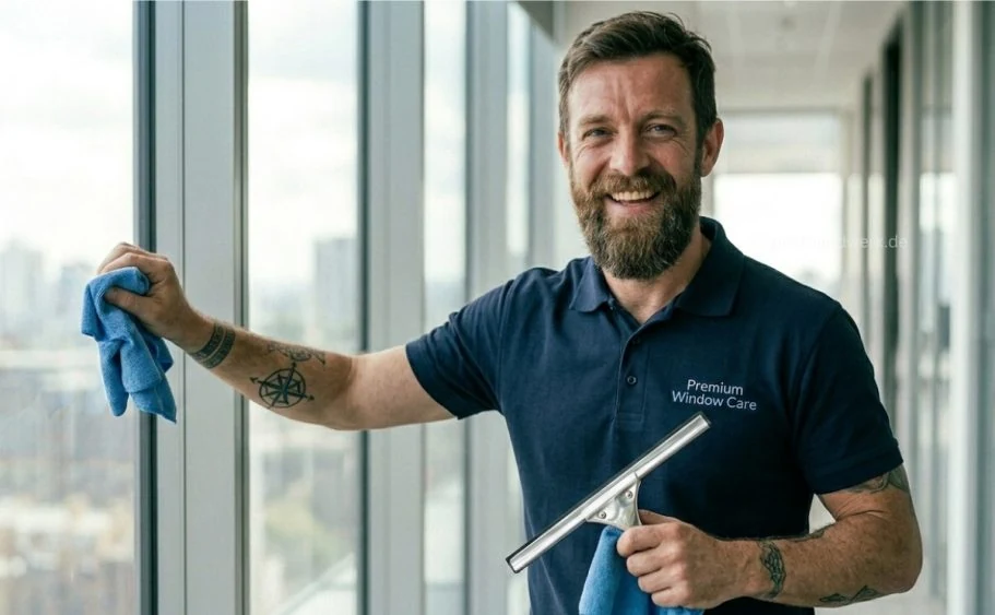 Gebäudereiniger putzt Fenster:
Gebäudereinigung, professionelle Werbeposts für Facility Services und Dienstleister.