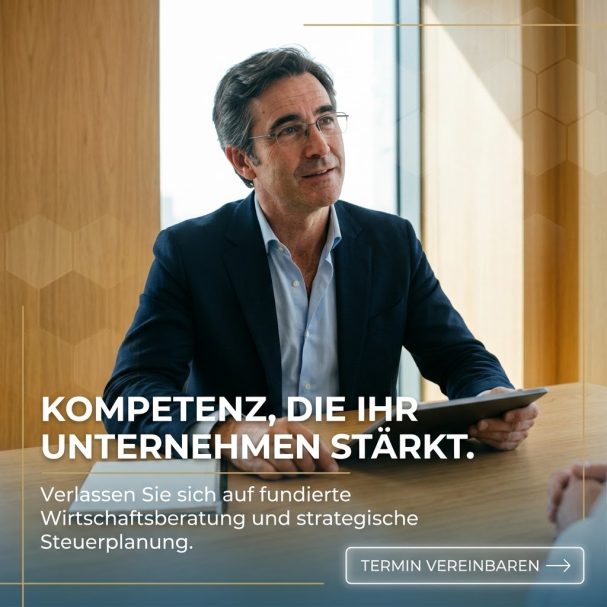 Berater mit Tablet am Tisch: Strategische Steuerplanung, KI-generierter B2B-Post für Steuerberater.