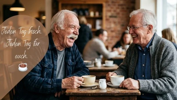 Zwei ältere Herren im Gespräch bei Kaffee, emotionales Motiv für Gastronomie, Seniorenbetreuung und Cafés. Social Media Marketing Bild.