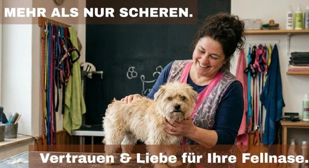 Hundefriseurin mit Hund:
Hundesalon und Tierpflege, emotionaler Social-Media-Post für Tierliebhaber.