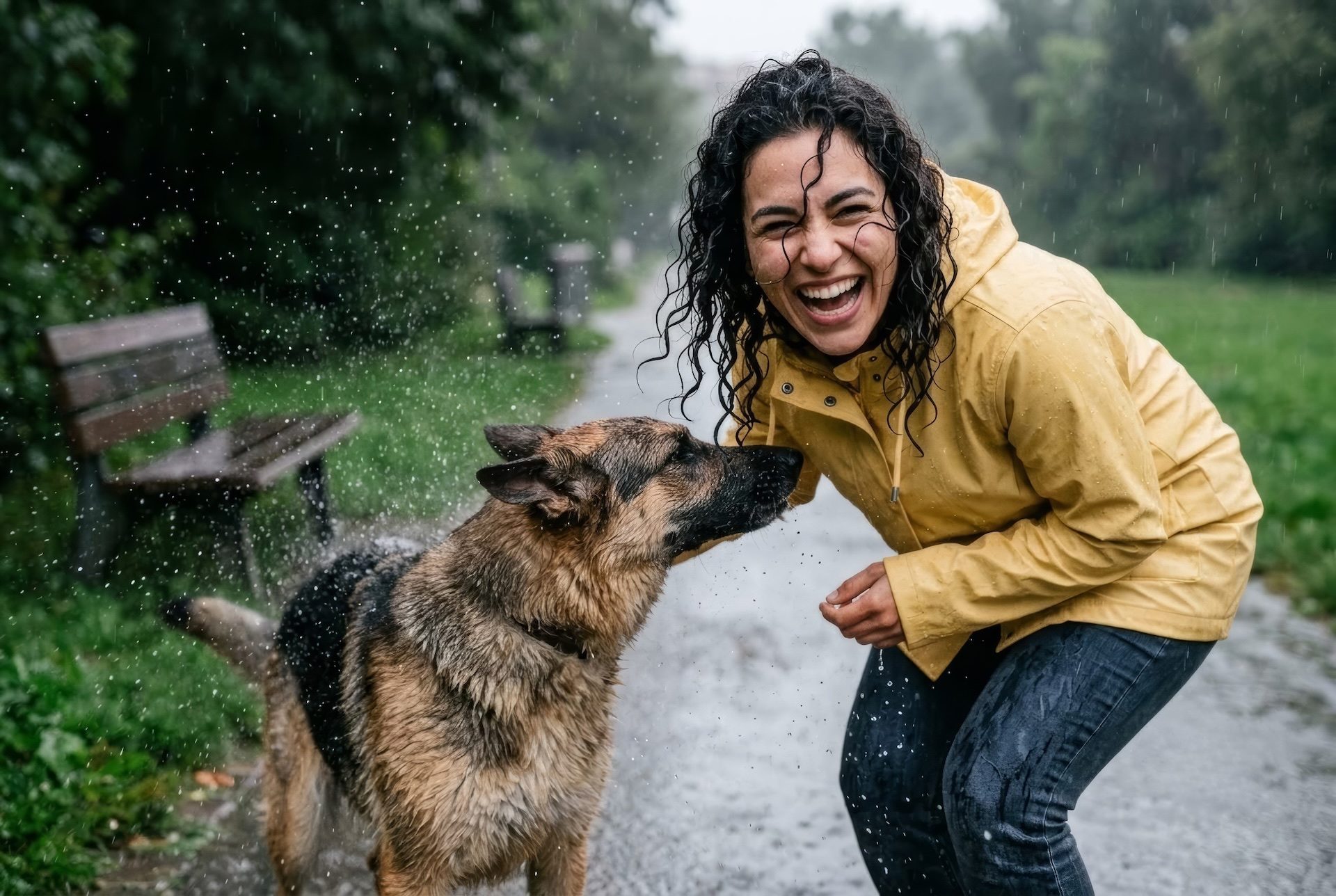 Lachende Frau mit Hund im Park im Regen – KI-Werbefoto von Posthandwerk für Tierbedarf, Versicherungen und Lifestyle.