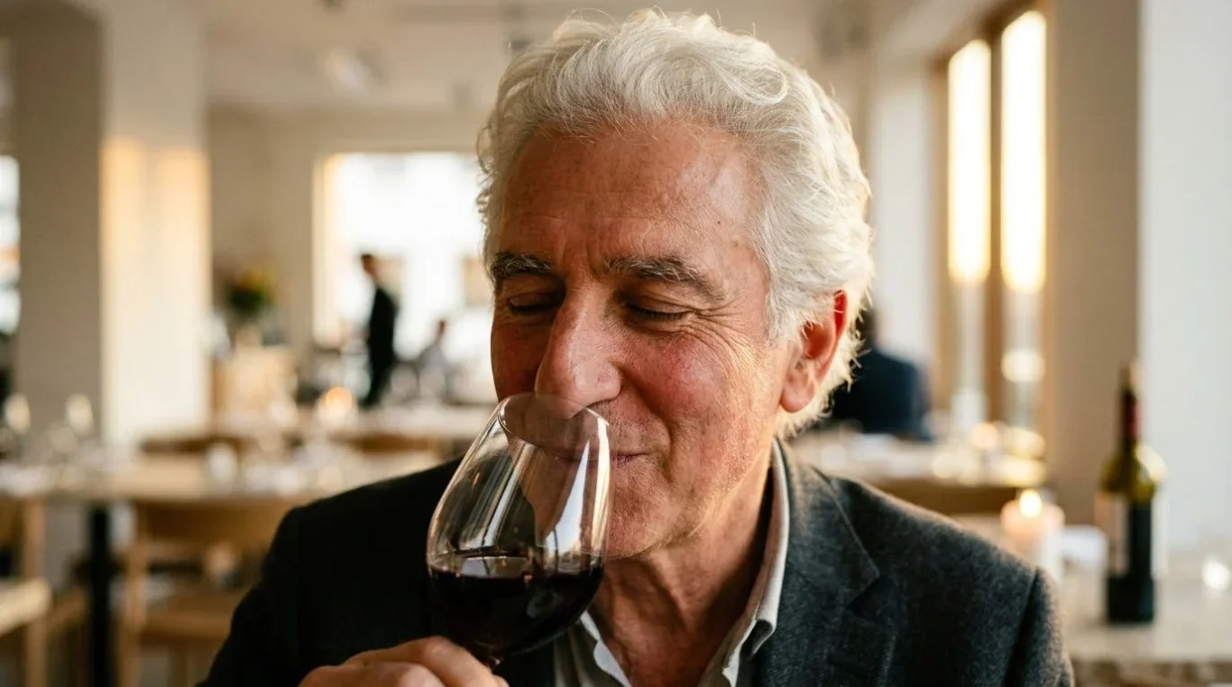 Älterer Herr riecht genussvoll an Rotwein im Restaurant – KI-generiertes Werbebild für Gastronomie.