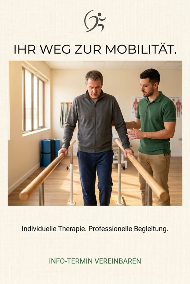 Therapeut unterstützt Patient an Gehbarren in Rehabilitations-Therapie. KI-generierter Post für Physiotherapie und Reha-Kliniken.