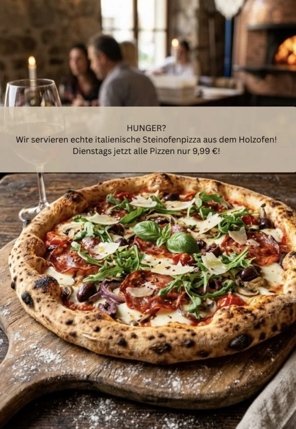 Beispiel-Post Posthandwerk: Pizzeria und Gastronomie – KI-generiertes Food-Bild für Social Media.