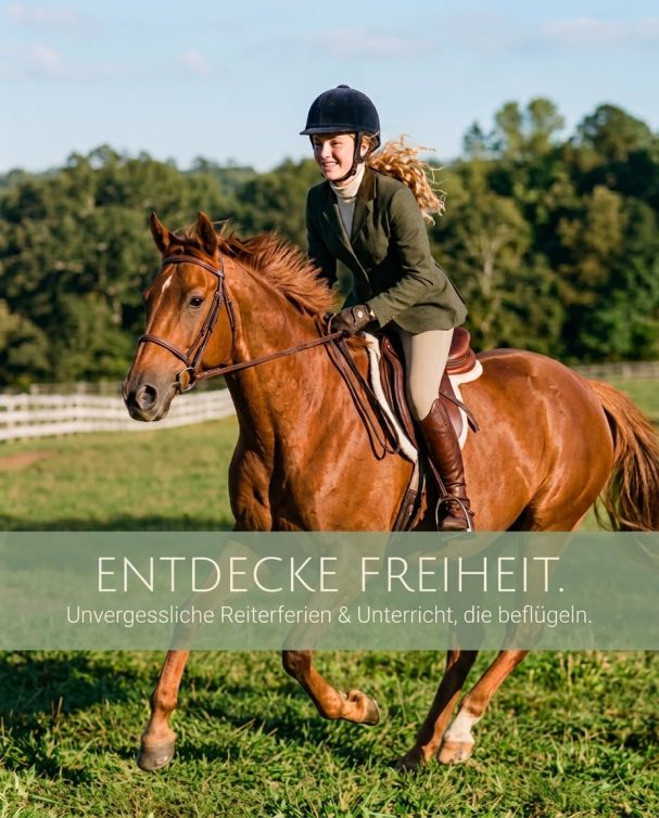 Reitendes Mädchen auf Koppel: Werbung für Reiterferien, KI-generierter Social-Media-Post für Reitschulen.