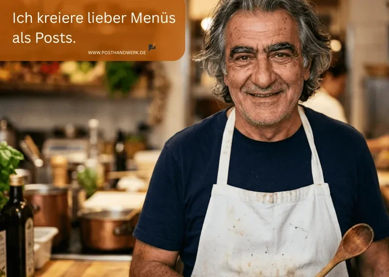 Gastronomie-Content mit Biss Leidenschaft in der Gastronomie: Authentischer Koch als KI-Motiv für Social Media.
