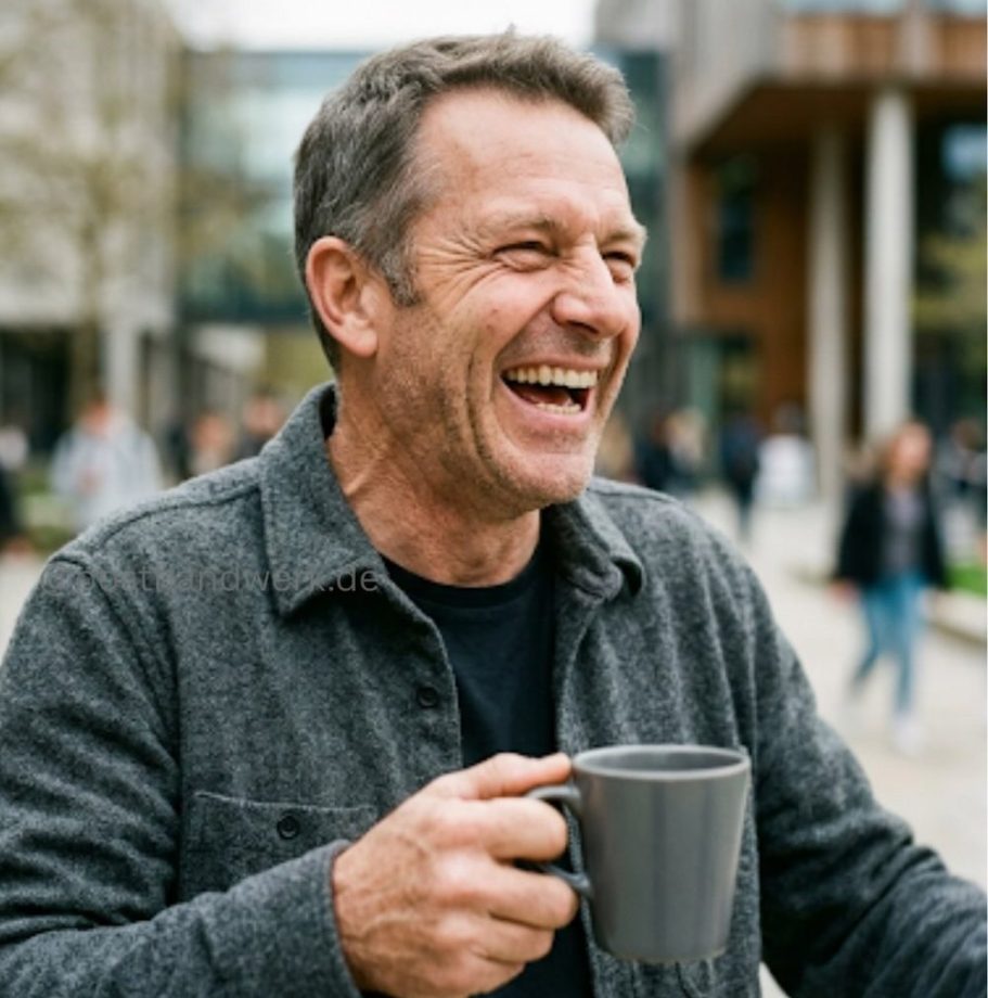 Lachender Mann mit Kaffeebecher in der Stadt – KI-generiertes Werbebild von Posthandwerk.