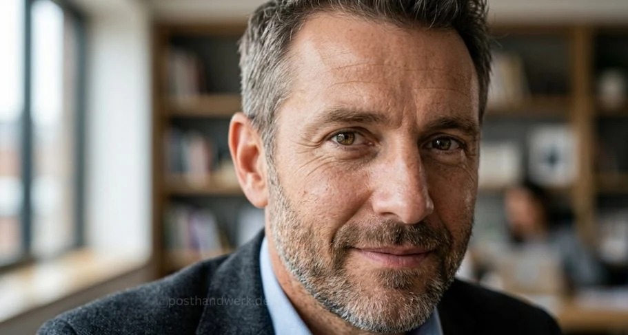 Mann mit Dreitagebart, Büro-Portrait:
Selbstständiger Unternehmer, B2B Social Media mit KI-generierten Businessbildern.