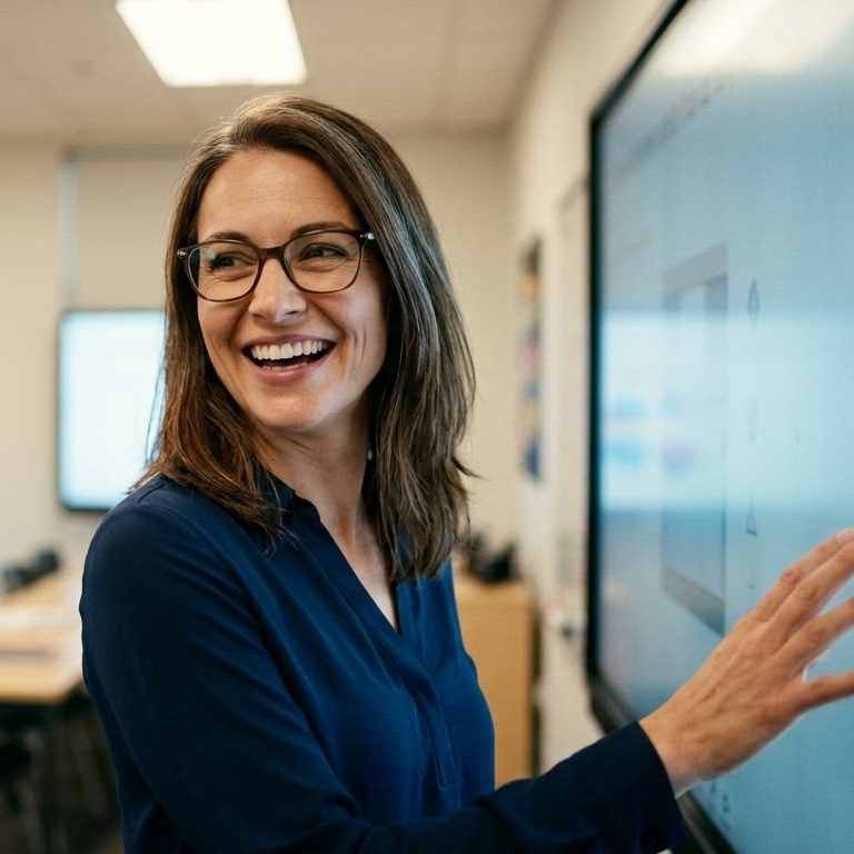 Lächelnde Frau mit Brille präsentiert Inhalte im Büro – KI-Werbebild für Recruiting, Employer Branding und Corporate Content.