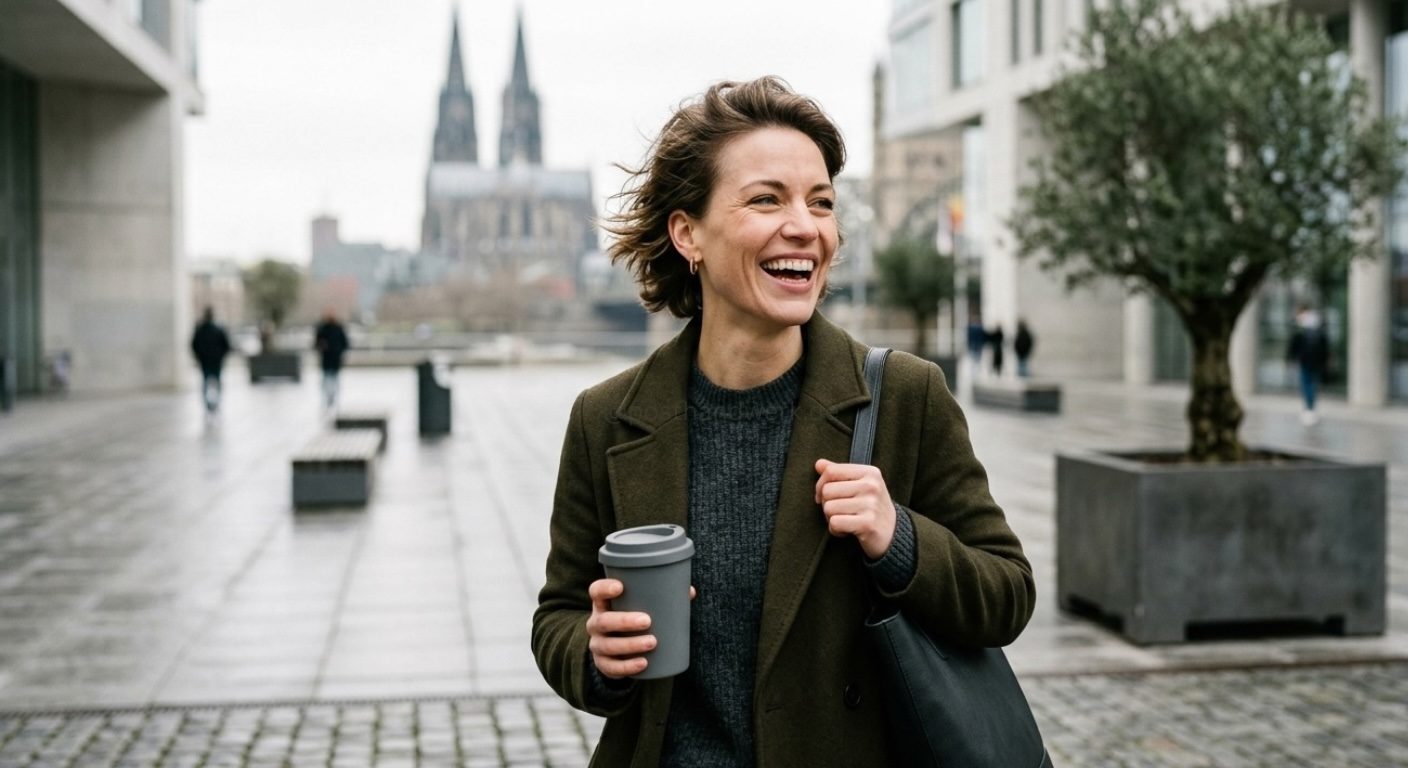 Lachende Frau mit Kaffee in der Stadt – KI-Werbefoto von Posthandwerk für Versicherung, Recruiting und Lifestyle.